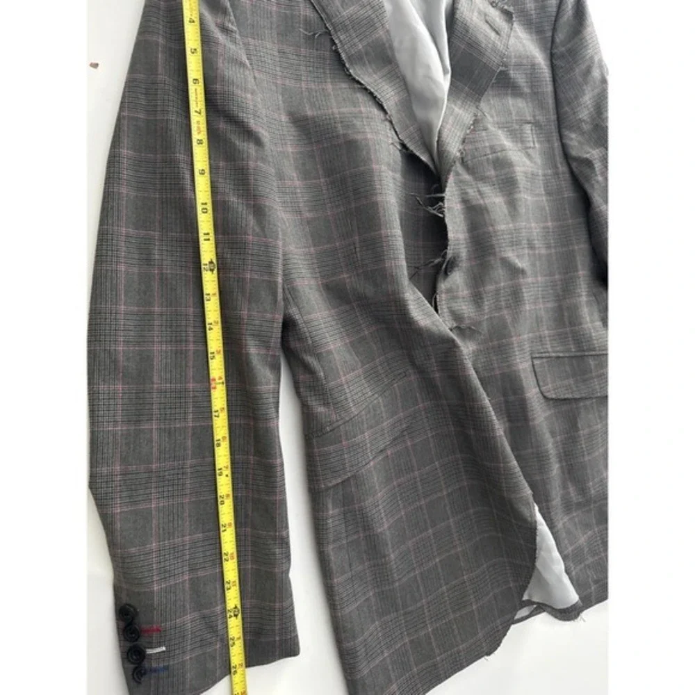 Ben Sherman Mens Grey Pink Plaid Distressed Raw Edge Blazer Sport Coat L Y2K